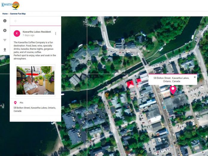While the primary purpose of Jump In, Kawartha Lakes is to engage residents of the municipality, it also provides valuable information for visitors and tourists. The Summer Fun Map identifies and describes attractions and points of interest across the municipality, submitted by Kawartha Lakes residents and others who use the platform. (Screenshot)