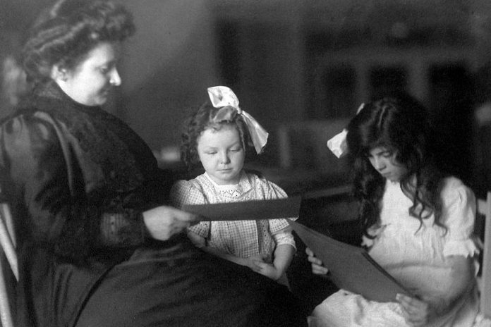 The Montessori educational philosophy was founded by Italian physician and educator Maria Montessori, pictured here in Rome in 1913, the same year she ran the first international training course in the Montessori Method in response to many requests from all over the world, particularly the United States. (Public domain photo)