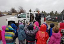 Kawartha Lakes Police Service K9 unit police service dog Xena with handler P.C. Keith Watson visiting a kindergarten class at Leslie Frost Public School in Lindsay in 2017. (Photo: Keith Watson / Twitter)