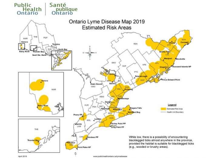 The Ontario Lyme Disease Map Estimated Risk Areas is updated annually, providing information to assist public health professionals and clinicians in their management of Lyme disease. (Map: Public Health Ontario)