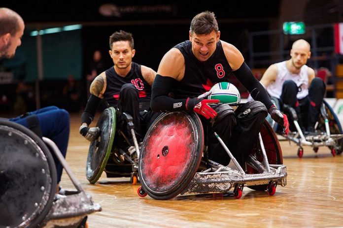 Along with Cody Caldwell, Mike Whitehead (centre) and Trevor Hirschfield (back) are two of the 12 athletes named to the Canadian wheelchair rugby team for the Lima 2019 Parapan Am Games. (Photo: Wheelchair Rugby Canada)