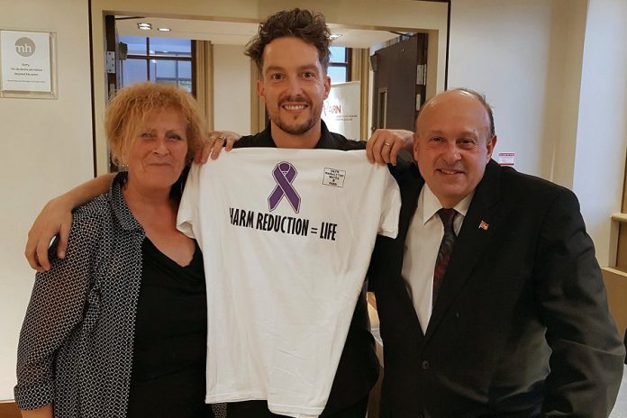 Peterborough artist and former addict Alex Bierk (middle), who was a member of the  Opioid Summit panel, with panel moderator Kim Dolan and Ontario Associate Minister of Health and Addictions Michael Tibollo. (Photo: Office of Michael Tibollo / Twitter