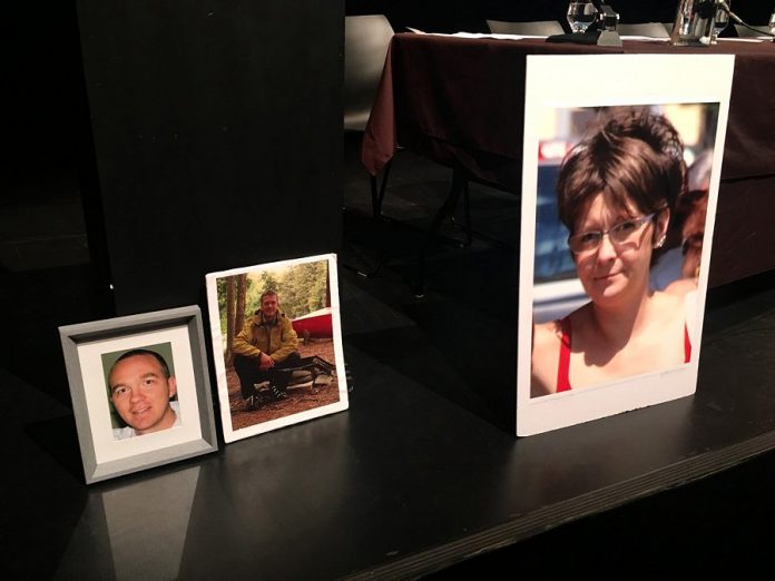 Photographs of overdose victims, displayed near the podium at the Peterborough Opioid Summit on July 11, 2019 at Market Hall, served as a poignant reminder of the cost of doing nothing to address the crisis which has seen 19 people die of an overdose in the first six months of this year. (Photo: Paul Rellinger / kawarthaNOW.com)