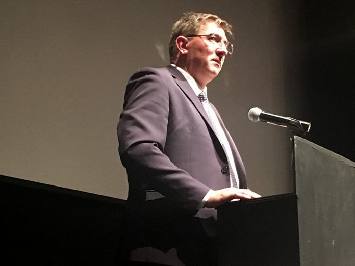 Peterborough-Kawartha MPP Dave Smith delivered a passionate plea at the Peterborough Opioid Summit held on July 11, 2019 at Market Hall, urging people sign a petition calling for immediate provincial government approval of a consumption and treatment site in the city. (Photo: Paul Rellinger / kawarthaNOW.com)