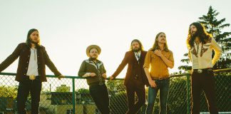 The Sheepdogs perform a free, sponsor-supported concert at Peterborough Musicfest in Del Crary Park in downtown Peterborough on July 24, 2019. Pictured are band members Sam Corbett (drums, backing vocals), Jimmy Bowskill (guitars, mandolin, fiddle, banjo, pedal steel), Ewan Currie (vocals, guitars, clarinet, drums), Shamus Currie (keyboards, trombone), and Ryan Gullen (bass, backing vocals). (Photo: Matt Dunlap)