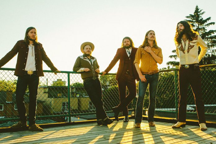 The Sheepdogs perform a free, sponsor-supported concert at Peterborough Musicfest in Del Crary Park in downtown Peterborough on July 24, 2019. Pictured are band members Sam Corbett (drums, backing vocals), Jimmy Bowskill (guitars, mandolin, fiddle, banjo, pedal steel), Ewan Currie (vocals, guitars, clarinet, drums), Shamus Currie (keyboards, trombone), and Ryan Gullen (bass, backing vocals). (Photo: Matt Dunlap)