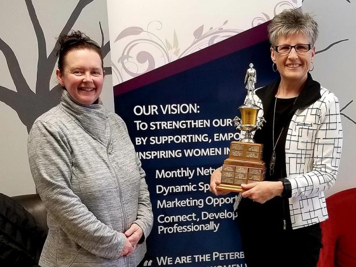 Arlene Blunck of All Office Machines (right) was chosen as 2018-19 Member of the Year by the membership of the Women's Business Network of Peterborough (WBN). She is pictured here with 2018-19 WBN President Tracey Ormond, who received the award the previous year. (Photo: WBN)