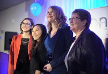 In 2019, the Women's Business Network of Peterborough assumed responsibility for the annual Women in Business Award (previously the Business Woman of the Year Award) and the Judy Heffernan Award (previously the Judy Heffernan Memorial Award). Pictured are 2019 Women in Business Award winner Monika Carmichael (second from right) and 2019 Judy Heffernan Award winner Kim Appleton (right) at the awards event on April 9, 2019. Also pictured are Tara Spence from Trent University and Jo Oanh Ho from Fleming College, the recipients of the 2019 Business Student Award. Planning is underway for the 2020 awards. (Photo: Bianca Nucaro / kawarthaNOW.com)