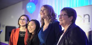 In 2019, the Women's Business Network of Peterborough assumed responsibility for the annual Women in Business Award (previously the Business Woman of the Year Award) and the Judy Heffernan Award (previously the Judy Heffernan Memorial Award). Pictured are 2019 Women in Business Award winner Monika Carmichael (second from right) and 2019 Judy Heffernan Award winner Kim Appleton (right) at the awards event on April 9, 2019. Also pictured are Tara Spence from Trent University and Jo Oanh Ho from Fleming College, the recipients of the 2019 Business Student Award. Planning is underway for the 2020 awards. (Photo: Bianca Nucaro / kawarthaNOW.com)
