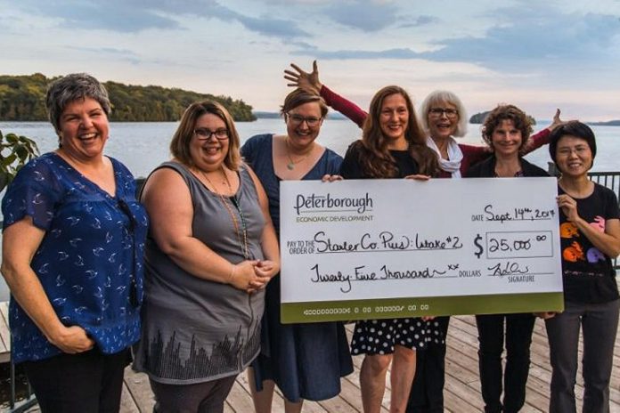 Women's Business Network of Peterborough members Sarah Susnar of Play Cafe Peterborough (second from left) and Jane Davidson of Best Write Communications (third from right) were both recipients of grants in 2017 from Starter Company Plus, a program administered by the Business Advisory Centre of Peterborough & the Kawarthas Economic Development. The Business Advisory Centre is one of several local resources savailable to assist entrepreneurs and small business owners who want to establish or grow their businesses. (Photo: Tyler Wilson)