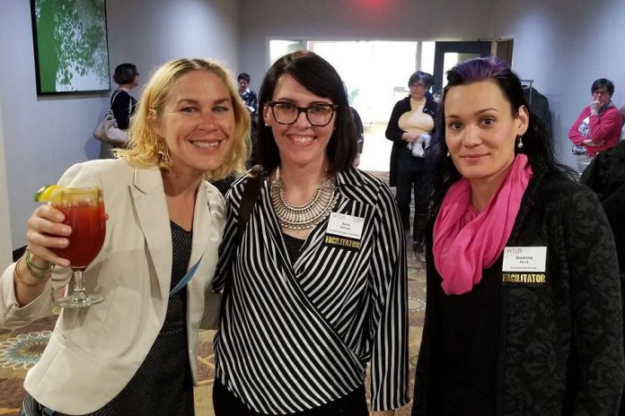 During every member meeting of the Women's Business Network of Peterborough (WBN), each dinner table includes an established WBN member who acts as a facilitator to encourage converation among members, making first timers feel especially welcome. Pictured is    Carlotta James, who joined WBN in 2018-19, socializing before dinner with facilitators Sara George and Deanna Hunt at the May 2019 member meeting. (Photo: WBN)