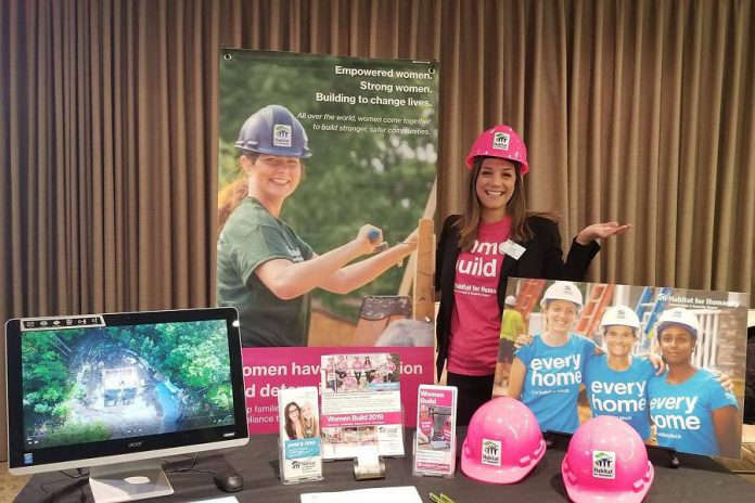 The Women's Business Network of Peterborough (WBN) provides a positive space where women can support, encourage, and uplift other women, whether they own their own business or work for a company or organization. Each year, WBN hosts a trade show where members can share information about their business or organization.  Pictured is Emily Ferguson of Habitat for Humanity Peterborough & Kawartha Region at the March 2019 member trade show and meeting. (Photo: WBN)
