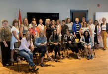 Northumberland Community Futures Development Corporation (CFDC) executive director Wendy Curtis and Northumberland-Peterborough South MP Kim Rudd (centre) join local women entrepreneurs and business leaders at Venture13 Innovation and Entrepreneurship Centre in Cobourg on August 8, 2019, when the federal government announced an investment of $1.4 million in Northumberland CFDC's DELIA, a financial technologies lending platform that will priorize commercial loan applications for women-owned and women-led enterprises in Eastern Ontario. (Photo: Office of Kim Rudd)