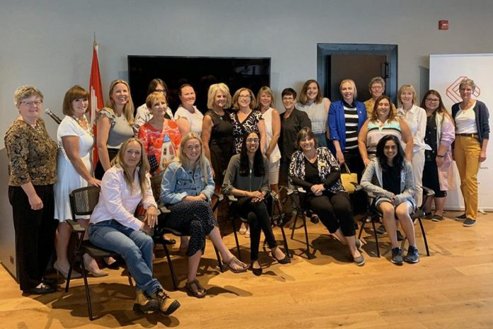 Northumberland Community Futures Development Corporation (CFDC) executive director Wendy Curtis and Northumberland-Peterborough South MP Kim Rudd (centre) join local women entrepreneurs and business leaders at Venture13 Innovation and Entrepreneurship Centre in Cobourg on August 8, 2019, when the federal government announced an investment of $1.4 million in Northumberland CFDC's DELIA, a financial technologies lending platform that will priorize commercial loan applications for women-owned and women-led enterprises in Eastern Ontario. (Photo: Office of Kim Rudd)