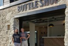 Fenelon Falls Brewing Co. general manager Mathew Renda and head brewer Russell Gibson at the brewery's new Bottle Shop, which officially opened on August 24, 2019 and sold out within hours. (Photo courtesy of Fenelon Falls Brewing Co.)