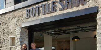 Fenelon Falls Brewing Co. general manager Mathew Renda and head brewer Russell Gibson at the brewery's new Bottle Shop, which officially opened on August 24, 2019 and sold out within hours. (Photo courtesy of Fenelon Falls Brewing Co.)