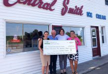 Central Smith Creamery owner Ian Scates (second from left) and vice-president/marketing Jenn Scates (right) present a cheque for $13,420.25 to Jane Lovett (left) and Lesley Heighway (second from right) of PRHC Foundation at the dairy's location at 739 Lindsay Road in Peterborough. (Photo courtesy of PRHC Foundation)