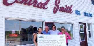 Central Smith Creamery owner Ian Scates (second from left) and vice-president/marketing Jenn Scates (right) present a cheque for $13,420.25 to Jane Lovett (left) and Lesley Heighway (second from right) of PRHC Foundation at the dairy's location at 739 Lindsay Road in Peterborough. (Photo courtesy of PRHC Foundation)