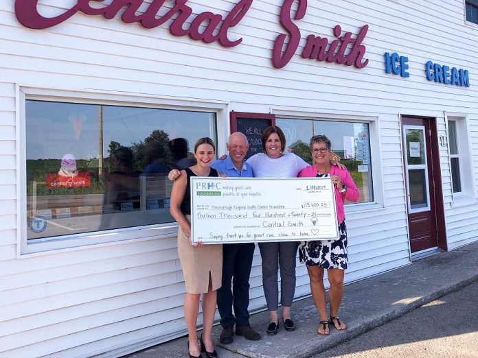 Central Smith Creamery owner Ian Scates (second from left) and vice-president/marketing Jenn Scates (right) present a cheque for $13,420.25 to Jane Lovett (left) and Lesley Heighway (second from right) of PRHC Foundation at the dairy's location at 739 Lindsay Road in Peterborough. (Photo courtesy of PRHC Foundation)