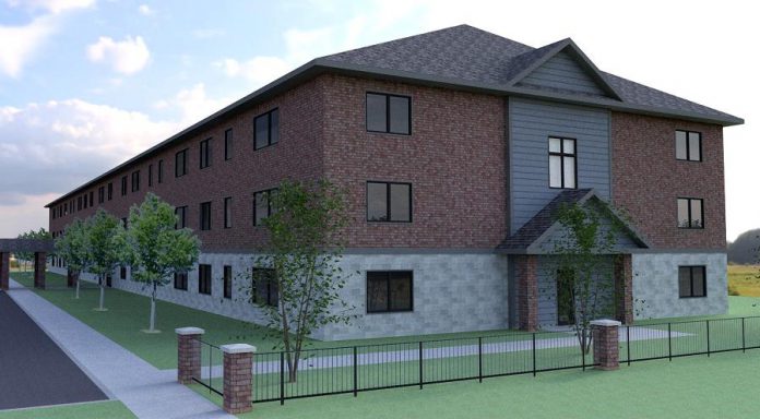 An architectural rendering of Habitat for Humanity Peterborough & Kawartha Region's planned 41-unit affordable condo development at 33 Leahy’s Lane in Peterborough. On August 13, 2019, the federal government announced it is investing up to $3.2 million to support the development, part of a $32.4 million financial commitment over three years (2019-2021) under the federal government's National Housing Co-Investment Fund to support Habitat for Humanity Canada and its affiliate organizations across Canada. (Illustration courtesy of Habitat for Humanity Peterborough & Kawartha Region)