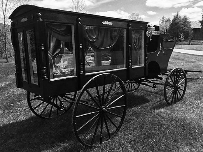 During "When Death Was in Fashion" on August 10, 2019 at  Lang Pioneer Village Museum in Keene, see a horse-drawn hearse on loan from M.G. Daly Funeral Home. (Photo courtesy of Lang Pioneer Village Museum)