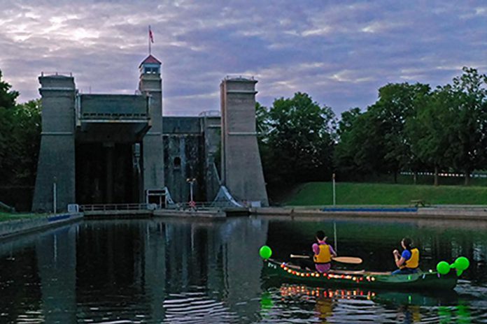 For the first time, this year's Lock and Paddle at the Peterborough Lift Lock on August 24, 2019 will be an evening event featuring a judged lighted paddelcraft parade followed by lighted night-time lockage. Free overnight camping at the Lift Lock will also be available for the first 150 registrants. (Photo: Parks Canada)