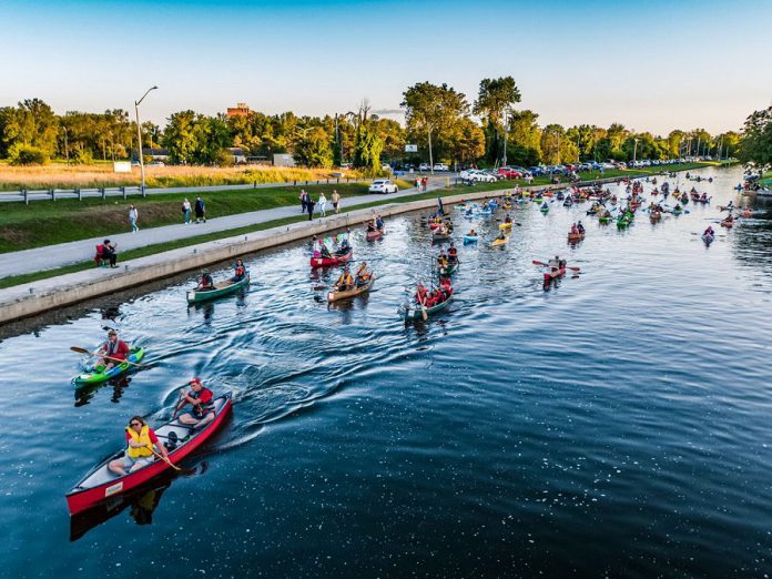 Paddlers on the Trent Canal heading towards the Lock & Paddle event at the Peterborough Lift Lock National Historic Site of Canada on August 24, 2019. (Photo: Trent-Severn Waterway / Parks Canada)