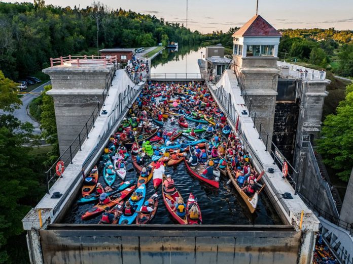 Paddlers in one of the tubs of the Peterborough Lift Lock being lifted almost 20 metres during the Lock & Paddle event on August 24, 2019. The event began at 5 p.m. and continued through the evening. (Photo: Trent-Severn Waterway / Parks Canada)