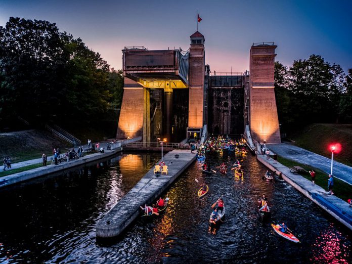 Paddlers exit one of the tubs of the Peterborough Lift Lock during the Lock & Paddle evening event on August 24, 2019. (Photo: Trent-Severn Waterway / Parks Canada)