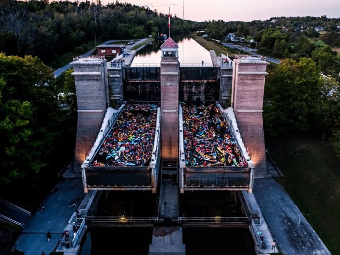 Canoes and kayaks fill both tubs of the Peterborough Lift Lock during the Lock & Paddle event on August 24, 2019. (Photo: Trent-Severn Waterway / Parks Canada)