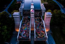Decorated and lit canoes and kayaks fill the two tubs of the Peterborough Lift Lock during the annual Lock & Paddlee event on August 24, 2019. The fourth annual event, presented by the Peterborough Lift Lock National Historic Site of Canada (Parks Canada) in co-operation with The Canadian Canoe Museum, was held in the evening for the first time. (Photo: Justen Soule / Trent-Severn Waterway)