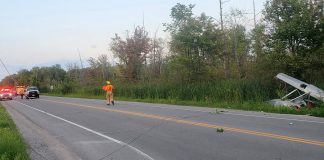 No one was seriously injured when a small plane crashed near the intersection of Kawartha Lakes Road 24 and Scotch Line Road at Ancona Point on Sturgeon Lake on August 16, 2019. (Photo: Kawartha Lakes OPP)