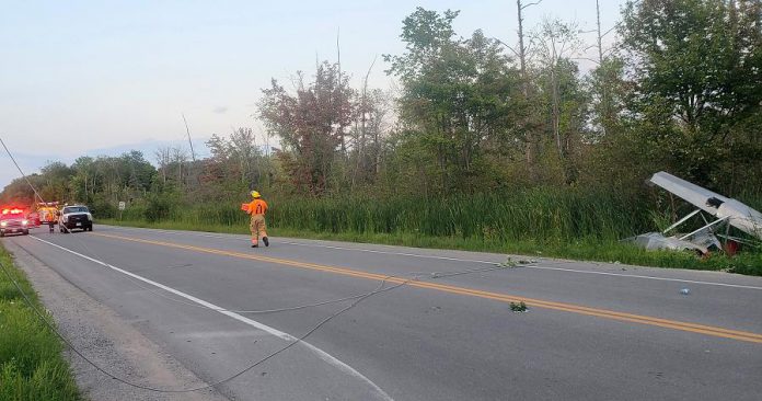 No one was seriously injured when a small plane crashed near the intersection of Kawartha Lakes Road 24 and Scotch Line Road at Ancona Point on Sturgeon Lake on August 16, 2019. (Photo: Kawartha Lakes OPP)