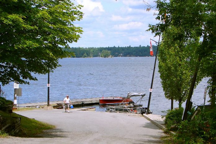 Two boats were involved in a night-time crash on August 24, 2019 in Young Bay, located on the far shore in this photo, which shows Crowes Landing at Stoney Lake. (Photo: Wikipedia)