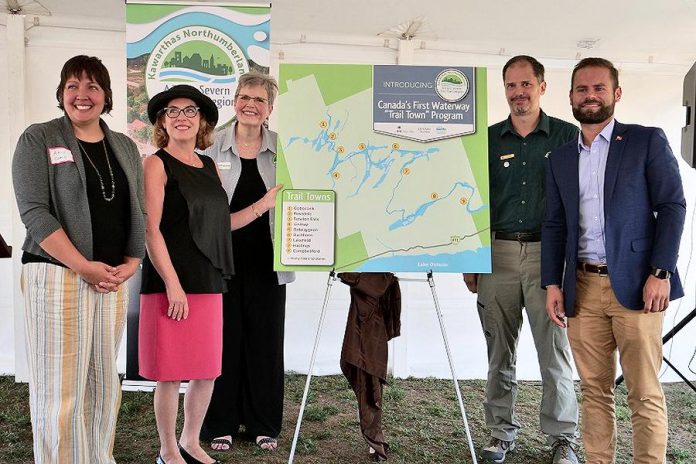 Trent-Severn Trail Town program, Canada's first waterway "trail town" program, was launched on August 22, 2019 at Ranney Falls (Locks 11-12) in Campbellford. Pictured from left to right: Cycle Forward founder and trail town consultant Amy Camp, Northumberland-Peterborough South MP Kim Rudd, Kawarthas Northumberland/Regional Tourism Organization 8 (RTO8) Executive Director Brenda Wood, Parks Canada Associate Director for Ontario Waterways Dwight Blythe, and Northumberland-Peterborough South MPP David Piccini. (Photo courtesy of RTO8)