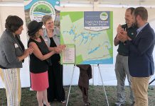 A map of the Trent-Severn Trail Town program, Canada's first waterway "trail town" program, was unveiled at a launch event on August 22, 2019 at Ranney Falls (Locks 11-12) in Campbellford. Pictured from left to right: Cycle Forward founder and trail town consultant Amy Camp, Northumberland-Peterborough South MP Kim Rudd, Kawarthas Northumberland/Regional Tourism Organization 8 (RTO8) Executive Director Brenda Wood, Parks Canada Associate Director for Ontario Waterways Dwight Blythe, and Northumberland-Peterborough South MPP David Piccini. (Photo courtesy of RTO8)