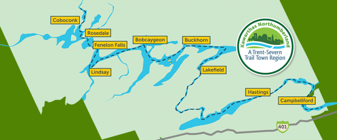 As of the official launch on August 22, 2019, nine communities in Kawarthas Northumberland region have signed on to the Trent-Severn Trail Town program. (Map courtesy of RTO8)