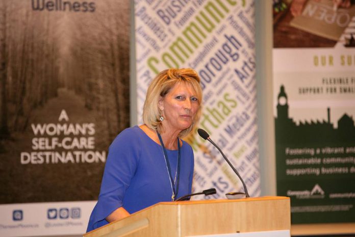 Betty Halman-Plumley, shown here speaking at the International Women's Day Conference Peterborough, is a past president of the Women's Business Network of Peterborough. (Photo; International Women's Day Conference Peterborough)