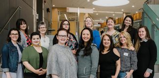 The 2019-20 Board of Directors of the Women's Business Network of Peterborough. Front row, left to right: Program Director Sara George, Program Director Danielle McIver, Past President Tracey Ormond, President Grace Reynolds, External Communications Director Rencee Noonan, Director at Large Laurie English, and Secretary Nadine James. Back row, left to right: Technical Director Tiffany Arcari, Membership Director Arlene Blunck, Member Communications Director Vanessa Dinesen, Treasurer Christine Teixeira, Strategic Planning Director Diane Wolf, and Awards Director Paula Kehoe. (Photo: Heather Doughty)