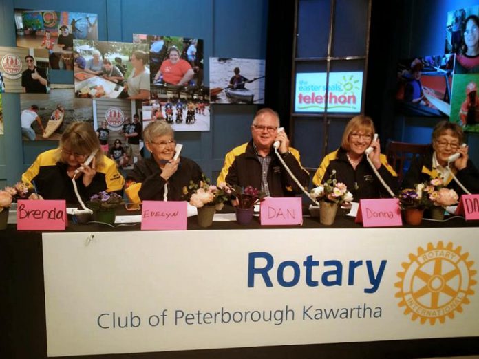  Brenda Booth (left) at the Rotary Club of Peterborough Kawartha table during the annual Easter Seals Telethon. As well as being an active Rotarian, she sits on the board of Showplace Performance Centre and the Elder Abuse Prevention Network, along with other volunteer activities. (Supplied photo)