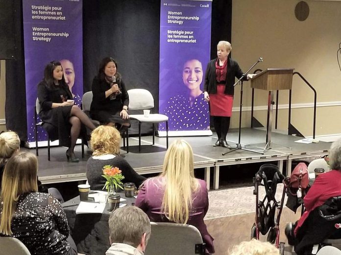 At a women's entrepreneurship town hall hosted by the Women's Business Network of Peterborough on December 19, 2019, Community Futures Peterborough executive director Gail Moorhouse (right) listens as federal Minister of Small Business and Export Promotion Mary Ng speaks, with Peterborough-Kawartha MP and Minister for Women and Gender Equality Maryam Monsef at the left. (Supplied photo)