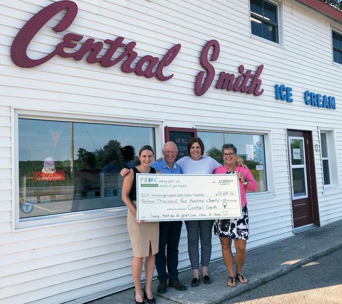 Central Smith Creamery owners Ian (second from left) and Jenn Scates (right) present Lesley Heighway and Jane Lovett (left) of the PRHC Foundation with a cheque for $13,420.25. The funds were raised through Central Smith's Ice Cream Social in support of PRHC, held on July 20th this summer.  (Supplied photo)