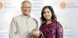 Youth activist Kehkashan Basu, pictured here at 16 years old receiving the 2016 International Children's Peace Prize from Nobel Peace Prize laureate Muhammad Yunus in The Hague, is one of the inspiring speakers on the 2019-20 program of the Women's Business Network of Peterborough. (Photo: Rick Nederstigt / ANP)