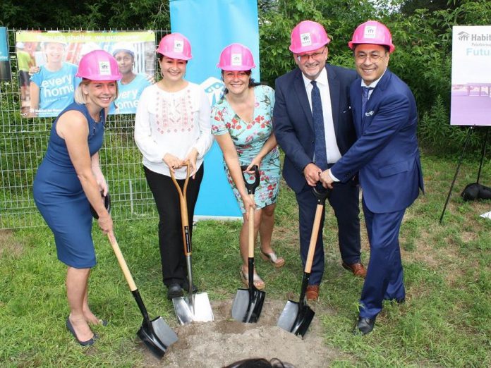 A ground-breaking ceremony for Habitat for Humanity Peterborough and Kawartha Region's Leahy's Lane project took place on August 13, 2019. From left to right: Habitat for Humanity Peterborough and Kawartha Region CEO Sarah Burke, Peterborough-Kawartha MP Maryam Monsef, City of Peterborough Mayor Diane Therrien, Habitat for Humanity Canada President and CEO Mark Rodgers, and Habitat for Humanity Canada VP Government and Indigenous Affairs Peter De Barros. (Photo courtesy of Habitat for Humanity Peterborough & Kawartha Region)