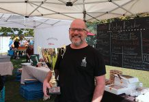 Brad Katz of Millbrook bakery Pastry Peddler, which won first place overall in the Kawarthas Butter Tart Tour Top Tart Taste-Off, held on September 22, 2019 at the Cultivate Festival in Port Hope, for their 'Peddler Saloon' butter tart with a whiskey-infused filling loaded with pecans and topped with candied whiskey pecans. (Photo courtesy of Kawarthas Butter Tart Tour)