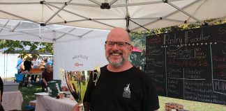 Brad Katz of Millbrook bakery Pastry Peddler, which won first place overall in the Kawarthas Butter Tart Tour Top Tart Taste-Off, held on September 22, 2019 at the Cultivate Festival in Port Hope, for their 'Peddler Saloon' butter tart with a whiskey-infused filling loaded with pecans and topped with candied whiskey pecans. (Photo courtesy of Kawarthas Butter Tart Tour)