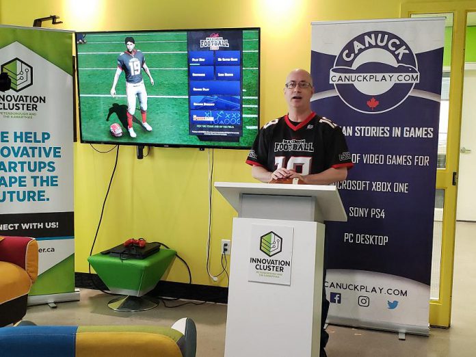 Canuck Play president David Winter, a client of the Innovation Cluster in downtown Peterborough, announcing the official release of the game developer's third Canadian football title, "Doug Flutie's Maximum Football 2019". (Supplied photo)