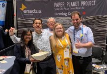 Members of Enactus Fleming College celebrate receiving the People's Choice Award at the World Project Expo at the Enactus World Cup 2019, which took place in San Jose, California from September 16 to 18, 2019. (Photo courtesy of Enactus Fleming College)