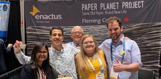 Members of Enactus Fleming College celebrate receiving the People's Choice Award at the World Project Expo at the Enactus World Cup 2019, which took place in San Jose, California from September 16 to 18, 2019. (Photo courtesy of Enactus Fleming College)