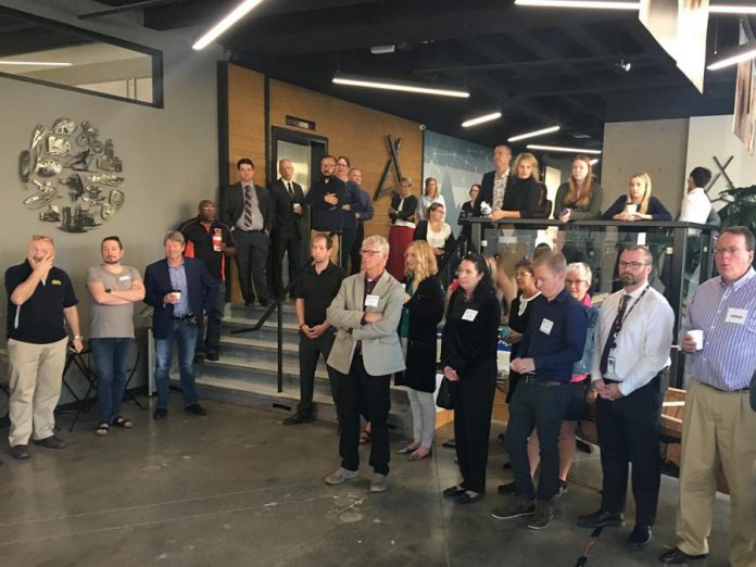 A crowd gathered at VentureNorth in downtwon Peterborough on Tuesday morning (September 17) as Junior Achievement - Peterborough, Lakeland, Muskoka (JA-PLM) announced that nominations for 2020 induction into the Business Hall of Fame will be accepted starting October 17. Included among the onlookers were several current inductees. The next induction, to be held May 28, 2020 at The Venue, will be the fifth annual. (Photo: Paul Rellinger / kawarthaNOW.com)